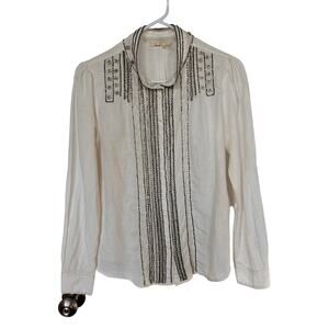 Anthropologie Floreat Linen Blend Rhinestones Jewels Button-Up Shirt Cream SZ‎ 6